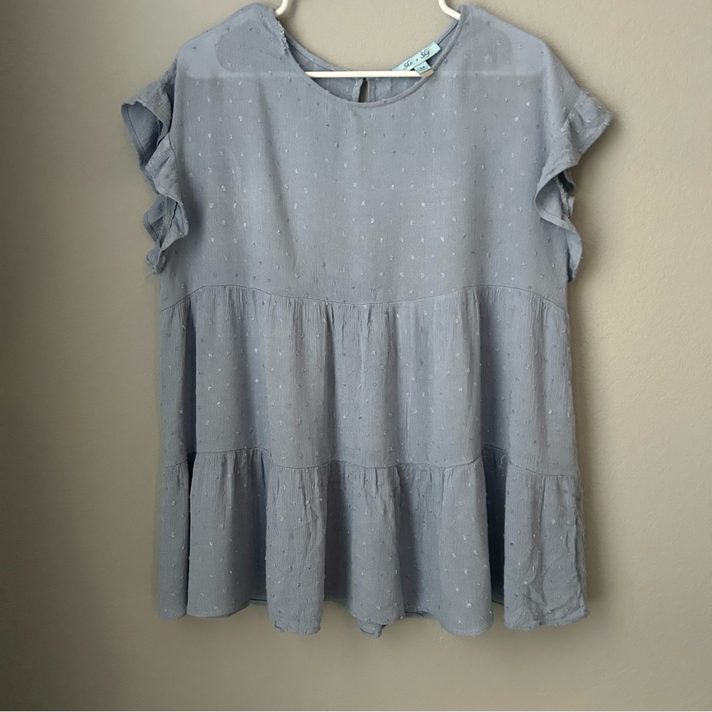 Women's Swiss Dot Ruffled Sleeve Blue Top